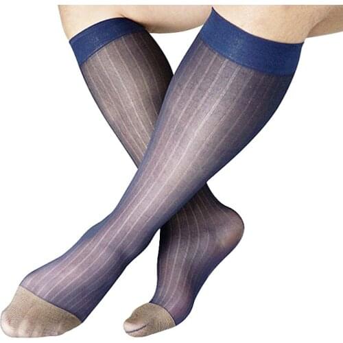 Thin Sheer Transparent Nylon Silk Mens Socks For Fetish Collection Sexy Gay Male Dress Suit Striped Stocking Socks Formal
