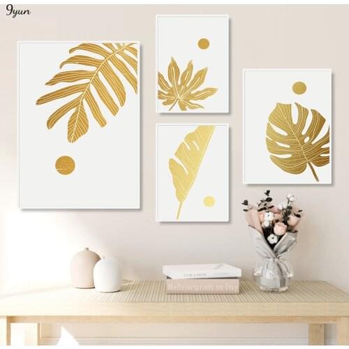 Tropical Line Art Draw Gold Flower Leaves Wall Art Poster Prints Canvas Painting Decorative Picture Living Room Decoration