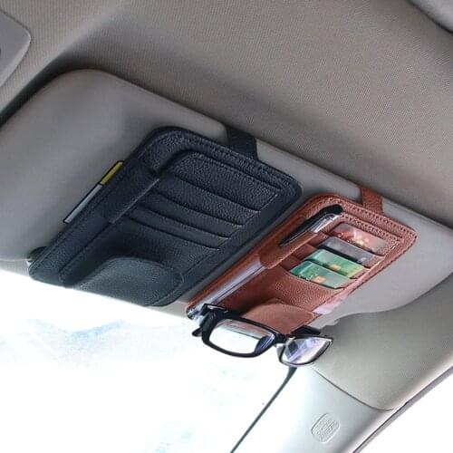 Universal Car Sun Visor Card Pen Holder Glasses Clip Faux Leather Storage Bag