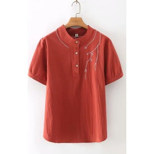 Plus size stand collar Short sleeve Embroidery women tshirts 2021 new summer casual cotton linen ladies t shirts female top