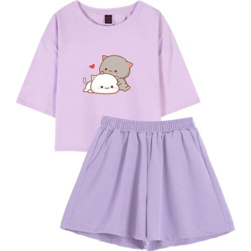 Harajuku Women T Shirt Cute Cartoon Crop Tops Cotton Short Sleeve Two Piece Set Summer Fashion Shorts Indoors and Outdoors Wears