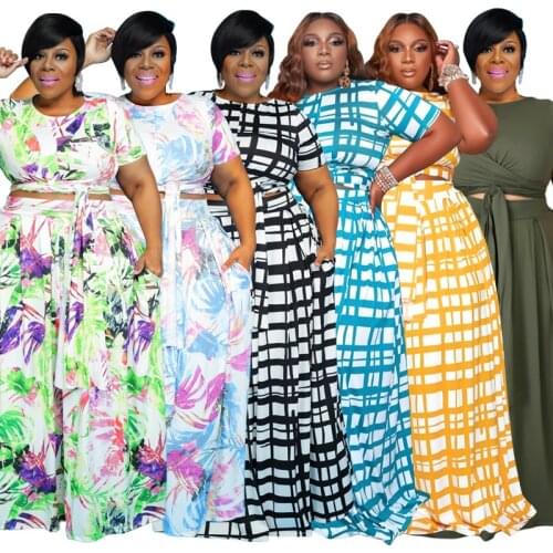 Plus Size Two Piece Set Women Plaid Print Skirt Sets T-Shirt Short Sleeve Top Casual Maxi Long Skirts Wholesale