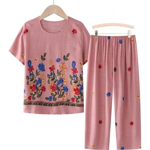 1 Set Women Pajama Sets T-shirt Pants Floral Print Loose Two-piece Thin Short Sleeve Sleepwear Set Middle-aged 4XL
