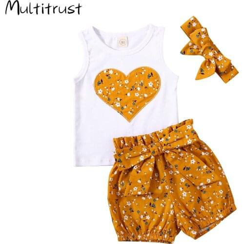 Multitrust 0-24M Newborn Infant Baby Girls Flower Clothes Set Floral Heart Vest Tops + Shorts Outfits Summer Baby Girl Costumes