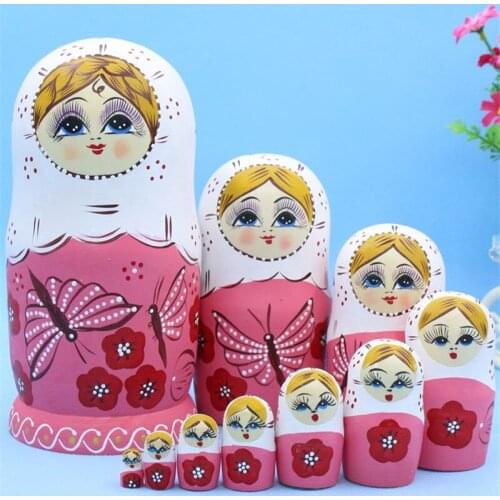 10 Layer Pink Butterfly Russian Nesting Dolls Dry Basswood Matryoshka Doll L30 DIY Education Painted Toys for Children