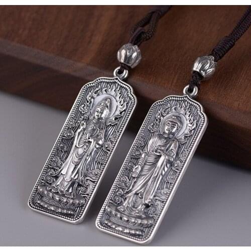 100%S925 pure Silver Jewelry woman Amitabha Buddha Pendant Man Avalokitesvara Pendant Thai Silver New Mantra Pendant with Chain