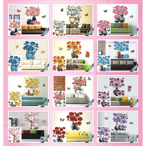 3D Beautiful Floral Wall Sticker Waterproof PVC Blossom Fridge Decals Rose Vase Sticker Background Bedroom Flowers Wall Decor
