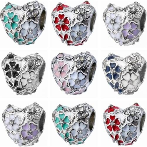 AODUOLA 20PCS Fashion Alloy metal Enamle Rhinestone Flower Heart Beads fit European Charm bracelet DIY Jewelry For Women RHB56