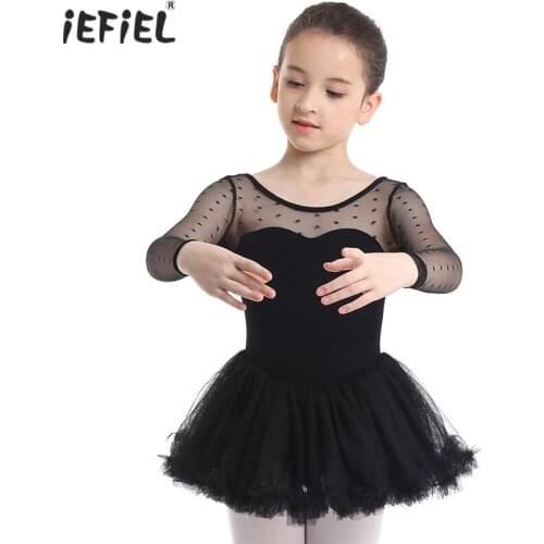 Beautiful Kids Girls Ballet Dress Cotton Polka Dots Mesh Long Sleeves Breathable Ballet Dance Gymnastics Leotard Dresses SZ 3-10