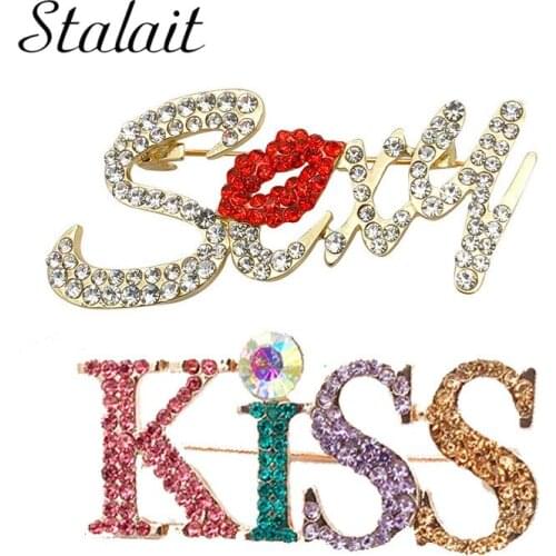 Rhinetones Crystal Letter Kiss Brooches Korean English Sexy Metal Brooch Valentines Day Gift Creative Metal Cloth Accessories