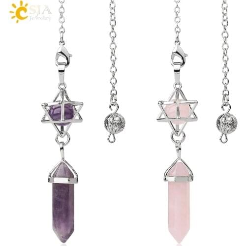 CSJA Natural Stone Pendulum for Dowsing Divination Hexagonal Prism Healing Crystal Merkaba Energy Shuttle Spiritual Pendulo G517
