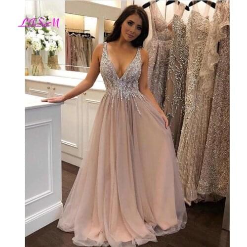 Long Prom Dresses 2021 Sexy Deep V-Neck Beaded Crystals Evening Dress Elegant Floor Length Girls Birthday Party Gowns