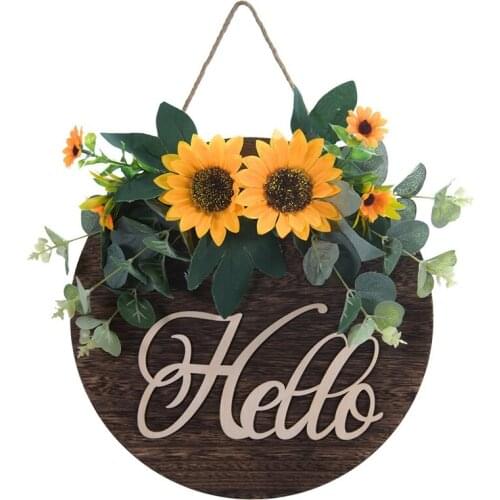 Welcome Sign for Front Door Wooden Hanging Sign Sunflower Wreath for Outdoor Front Porch, Restaurant, Home (White-Hello)