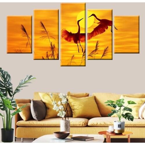 Hd Photography Sunset Lake View Sparkling Lake Crane Couple Jumping Dancing Reed Beautiful Canvas Print Home Decoration Poster