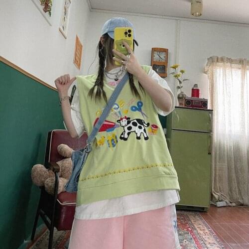 Street hip hop cute kid girl Vintage cow embroidery loose large sleeveless T-shirt girl tees