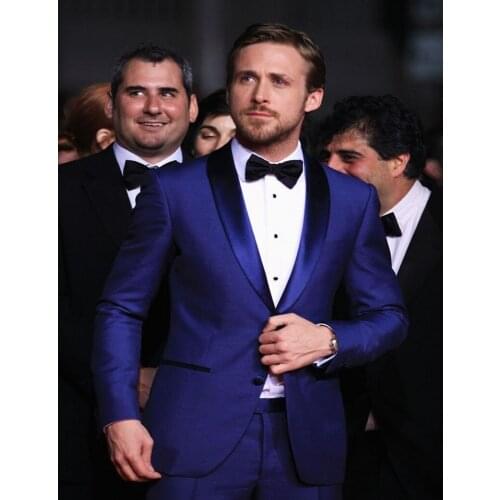 Custom Made Groomsmen Shawl Satin Lapel Groom Tuxedos Royal Blue Mens Suits Wedding Best Man (Jacket+Pants+Tie+Hankerchief) B807