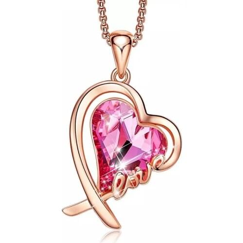 COCOM Romantic Rose Gold Love Heart Pendant Necklace with Pink Austrian Crystals Valentines Day Gift for Wife Girlfriend Lover