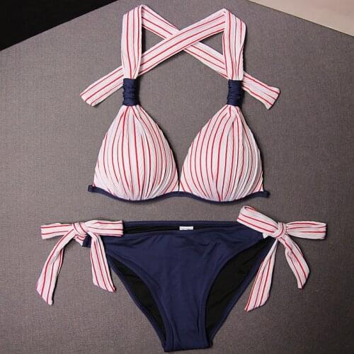 Sexy Two Piece Swimsuit Women Striped Halterneck Monokini Push Up Swimwear Bodysuit Bathing Suit Swim Wear купальники женские