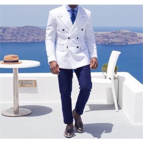 Summer Style Custom Made White Coat Navy Blue Pant Suit Blazer For Men Bespoke Tuxedo Mens Wedding Suits 2Pieces (Jacket+Pant)