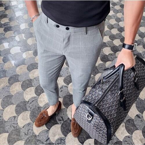 Ankle-length British Style Mens Dress Pants Pantalon Costume Spring Summer Plaid Casual Dress Ankle Pants Mens Social Trousers