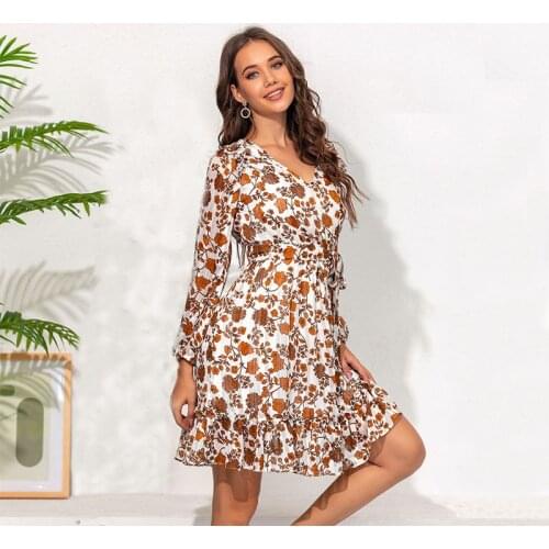 2020 New Autumn and Winter Original Long-Sleeved Waist Puff Sleeve Ruffled Floral Dress