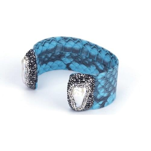 Couple Unisex Bangle Cuff Dark Red Blue Yellow Brown Green Real Leather Natural Freshwater Pearl Bead Rhinestone Charm Bracelet