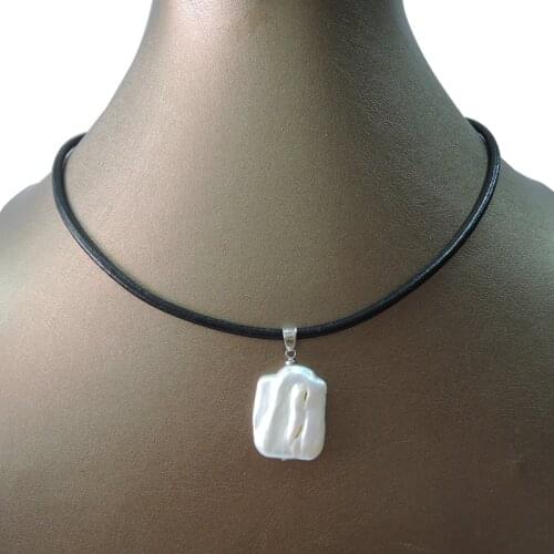 100% nature freshwater pearl pendant necklace ,REAL LEATHER chain-pearl around 17x21 mm rectangle baroque pearl pendant