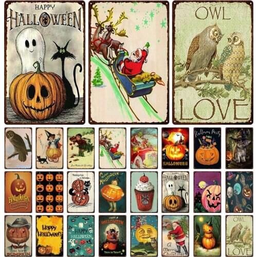 Holiday Celebration Decoration Halloween Pumpkin Owl Ghost Face Lamp Tin Sign Iron Painting Metal Plaque Festival Gift Poster