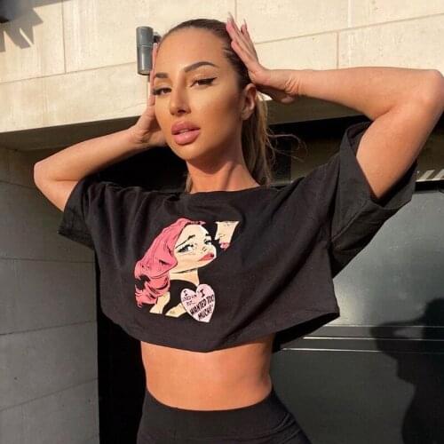 QICIUS Casual Graphic T Shirts Super Short Black Top Femme Summer E girl Y2k Clothes Fashion Streetwear Crop Top Women Girl