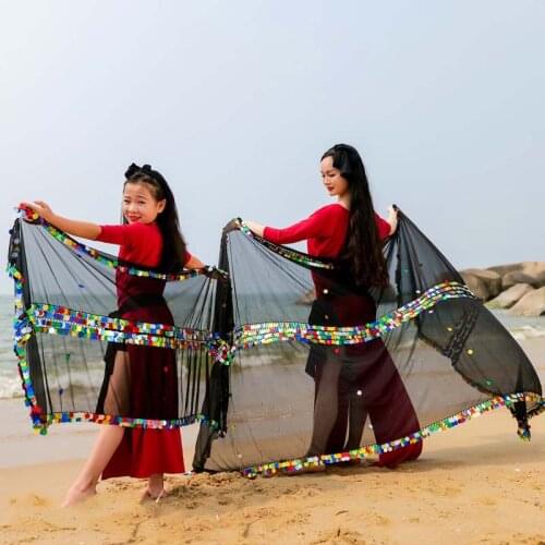 Belly Dance Silk Veil Dancewear Accessories Oriental Dance Shawls Sequins Stage Prop Veils Throwing Hand Yarn Child Woman