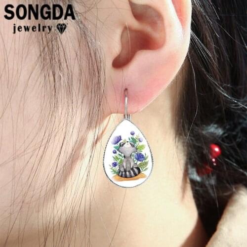 SONGDA Charm Cute Raccoon Art Patterns Earrings Glass Dome Surface Teardrop Earrings Handcrafted Jewelry for Ladies Accessories
