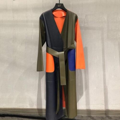 High coat quality spring women genuine leather jacket multicolor Spliced style v-neck collar clothes with sashes sheepskin coat