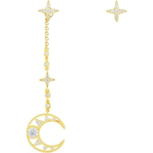 SLJELY Fashion real S925 Sterling Silver Jewelry 3A Cubic Zirconia Gold Color Asymmetric Star and Moon Long Earrings for Women