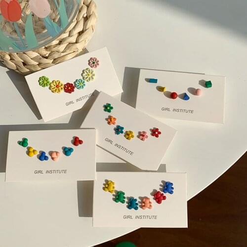 AOMU Korean Cute Colorful Summer Earrings Mixed Styles Flower Bear Geometric Animal Stud Earrings Set For Women Girls Jewelry