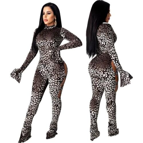 Somoshein S-2XL 2021 Tights jumpsuit women club sexy hollow leopard long sleeve o neck long romper Wholesale Dropshopping