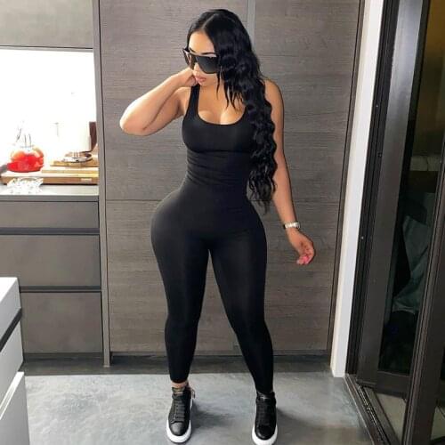 2021 New Style Female Sexy Skinny Jumpsuit Black U-Neck Sleeveless Hollow Out Backless Casual Jumpsuits for Sportwear
