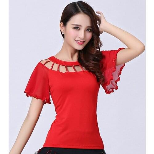 National Standard Dance Jacket Girls Square Dance Top Short Sleeve Female Horn Sleeve Jacket Latin Blouse Rumba Dance Suit D0022