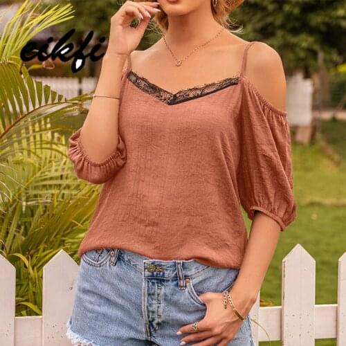 EIKFI V-strap Back Contrast Lace Trim Women Cami Summer Ladies Sexy Short Slevee Backless Casual Loose Red Black Solid Tops New