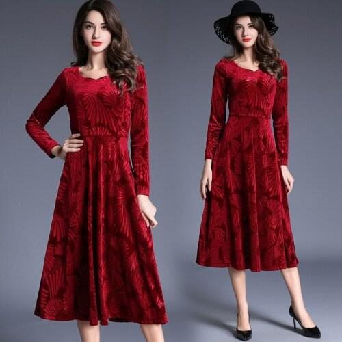 Vintage Full Sleeves Velvet Fabric Print Flower Red Empire Round Neck Mid Calf Slim Casual Elegant Long Dresses For Women