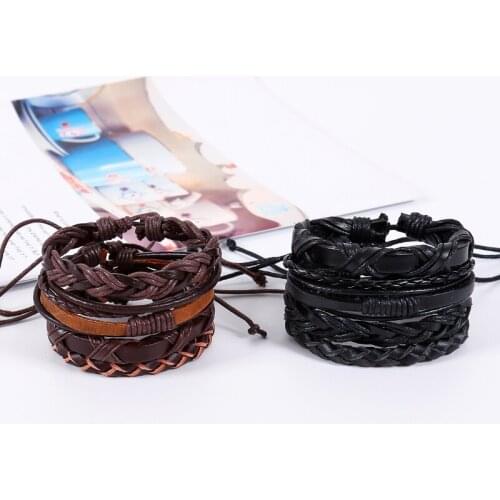4pcs/set hippie punk cord wrap knots brown black Leather beige wood Bead Layers stackable wrap Bracelet Bangles Unisex Jewelry