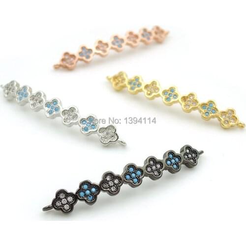 40*6*3mm Micro Pave Kallaite&Clear CZ Combination Of 7 Clovers Arc Bar Connectors Fit For Men And Women Making Bracelets Jewelry