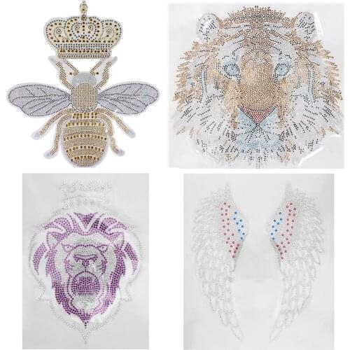 Bee Crown Iron on Tiger Wings Lion Applique Patches Rhinestone Heat Transfer for T-shirt Bag Hot Fix Stone 2pc Craft TH1725