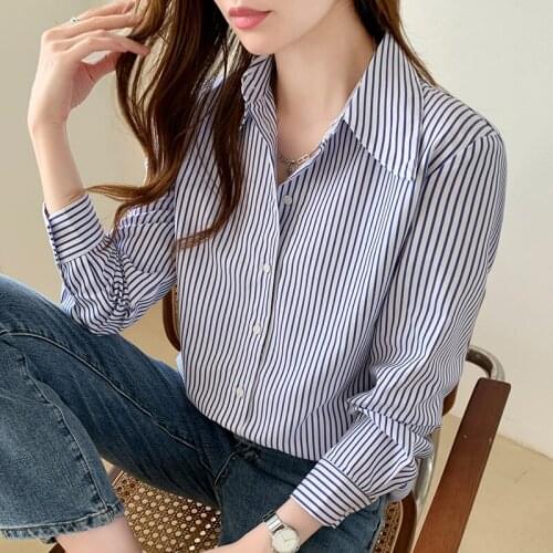 Blouse Women 2021 New Casual Blue Striped Top Shirts Blouses Female Loose Blusas Autumn Fall Casual Ladies Office Blouses Top
