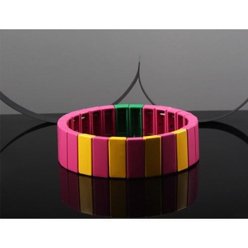 DIY Handmade Rainbow Tile Tila Bead Bracelet Women Sister Bracelet Enamel Elastic Wristband Couples Bracelet Set Dropshipping