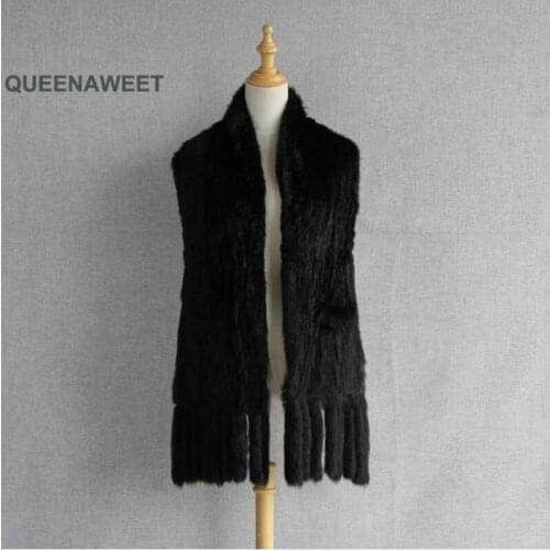 Real Fur Long Scarf Fashion Real Knit Rabbit Fur Scarf With Pocket Tassels Shawl Cape Stole Winter Warm