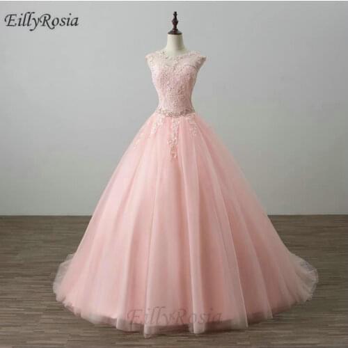 EillyRosia Blush Pink Princess Prom Dresses Ball Gown Lace Appliques Sheer Neck Sweet 16 Ball Dress Tulle 2019 vestidos de 15