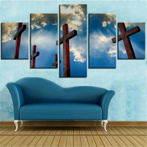 Jesus Canvas Painting 5 Pieces Blue Sky and White Clouds Pictures Cross Posters For Home Decor Religion Wallpapers Artwork