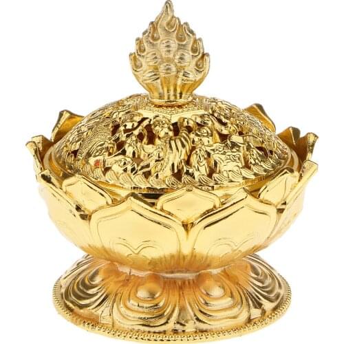 Vintage Lotus Flower Stick Cone Holder Backflow Incense Burner w/ Lid Golden