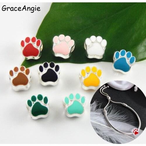 Mix 10PCS Enamel Pet Cat Dog Paw Footprint Beads For European Charms Bracelet Jewelry Making Bangle Accessory 10Colors Cute Gift