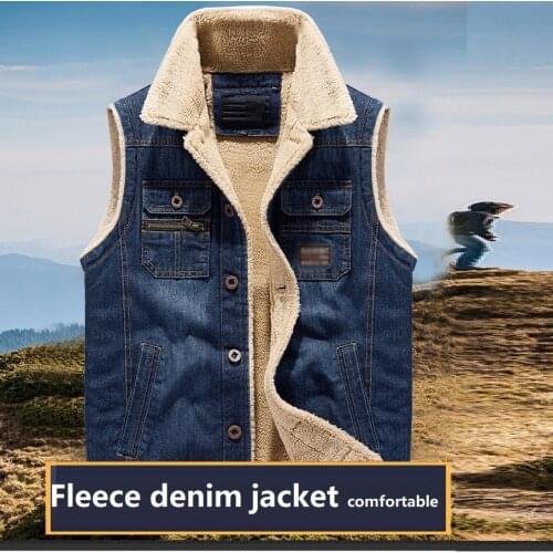 Mens casual denim vest youth autumn winter plus velvet multi-pocket fur collar vest coat warm fleece lamb wool waist coat M-4XL